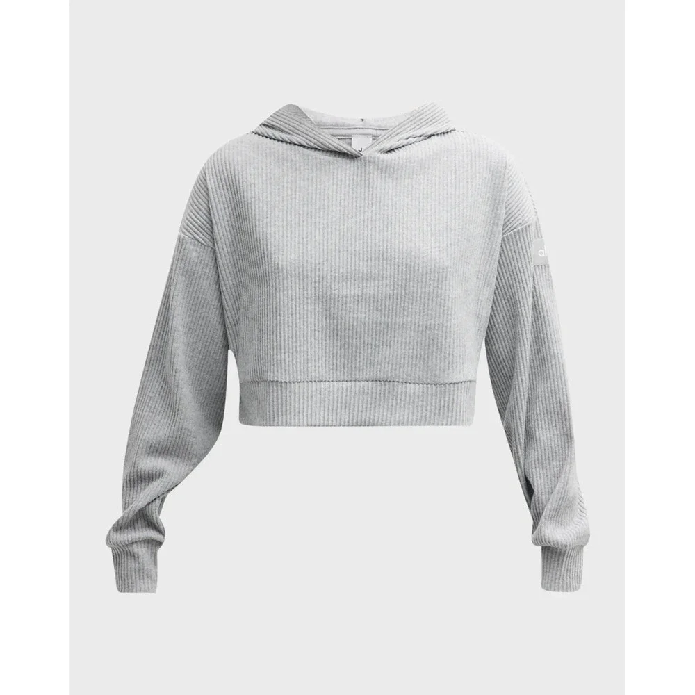Alo Yoga Muse Ribbed Hoodie Sweatshirt Heather Grey Cropped Pullover Small‎